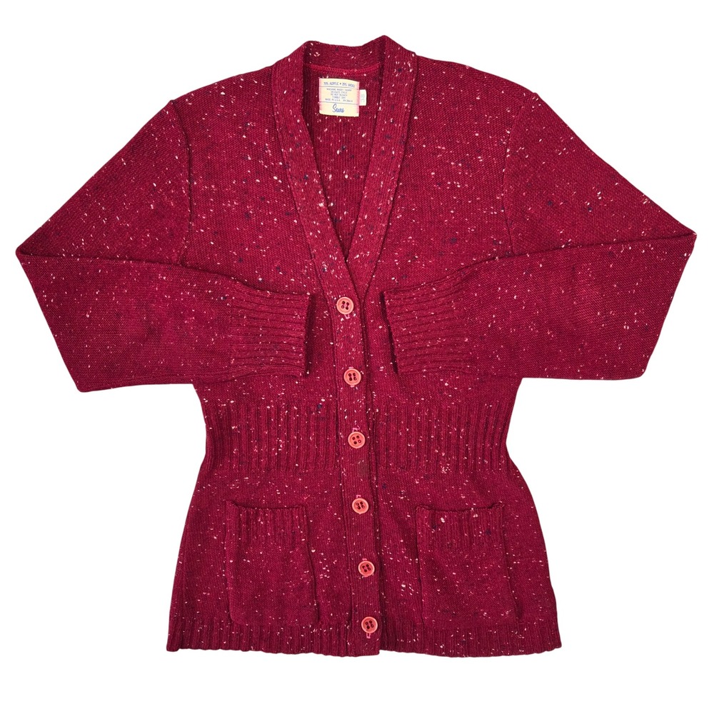 Vintage 70s Sears Burgundy Red Flecked Wool Blend Cardigan Sweater 38‎ USA Made